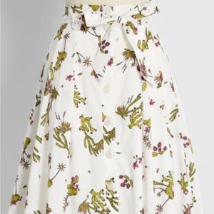 ModCloth White Floral A-Line Skirt with Green and Pink Accents